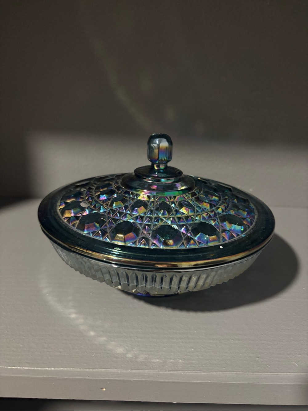 Iridescent Glass Lidded Candy Dish - Blue-Green